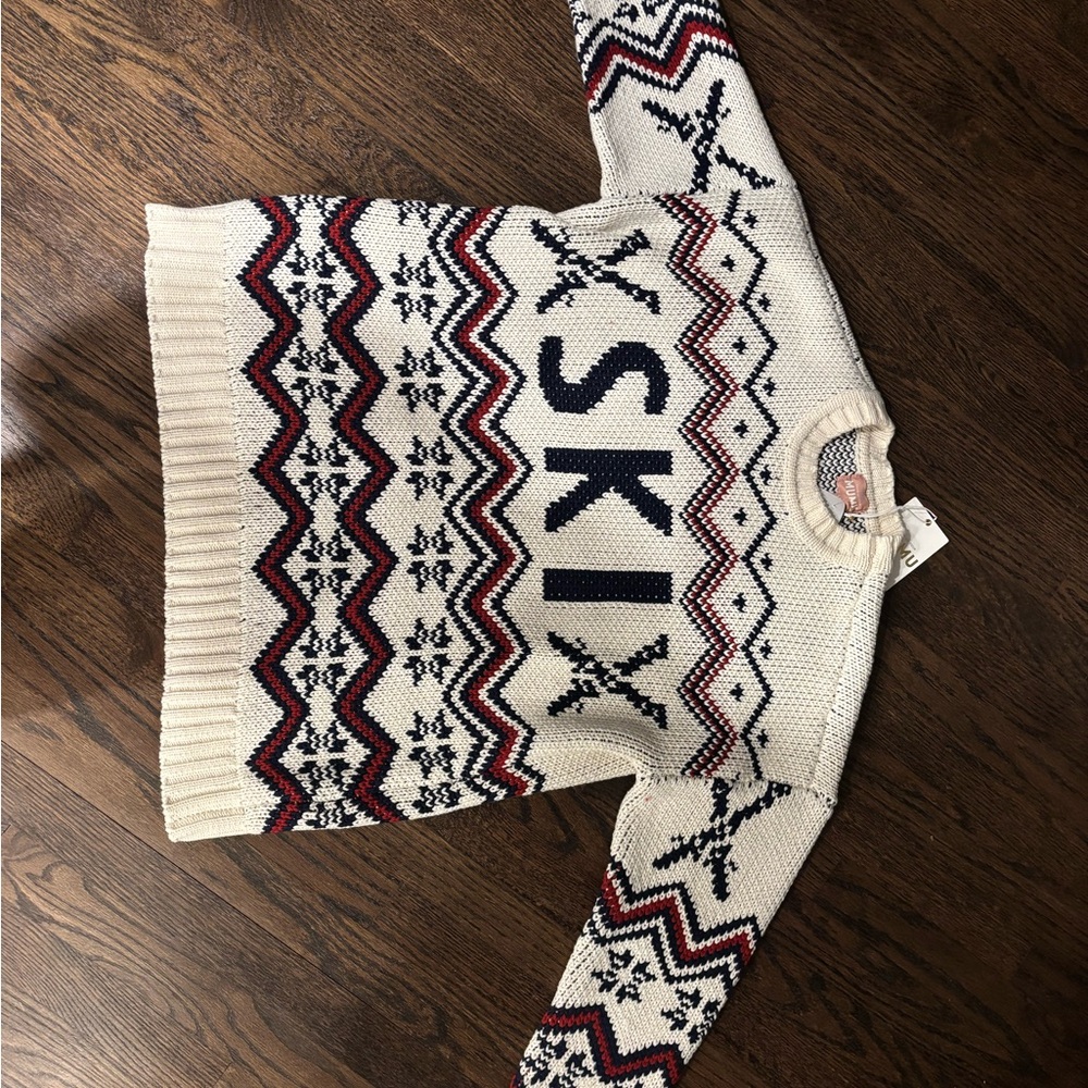 Show Me Your MuMu Cream Ski Sweater with Navy and Red Fair Isle